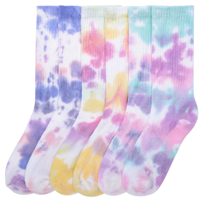 3 Pair Ladies Tie Dye Crew Socks Assorted Ribbed Calf Casual Women's Girls 9-11