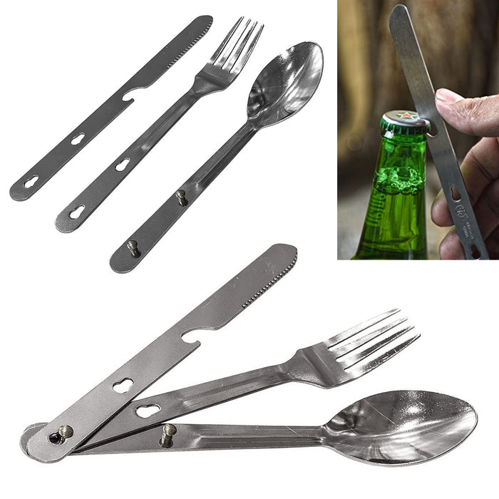 1 Set 4 in 1 Camping Hiking Stainless Steel Eating Utensil Fork Knife Can Opener