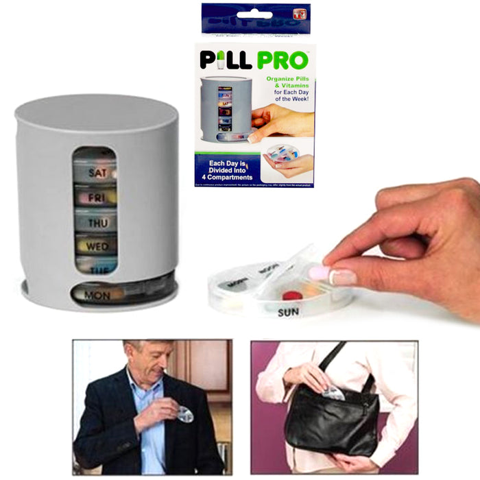 Pill Pro 7 Day Weekly Organizer 4 Compartment Morning Noon Eve Bed Medication