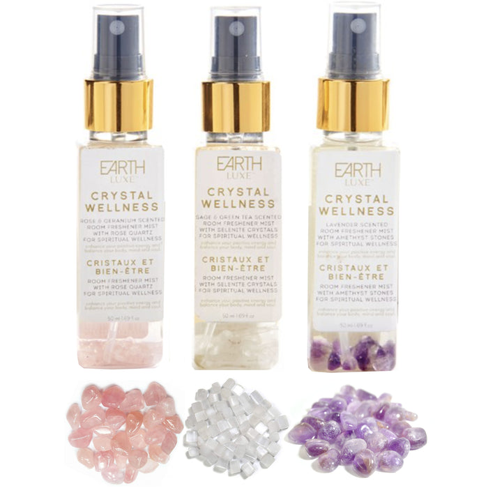 3pc Crystal Wellness Smudging Spray Scented Amethyst Selenite Rose Sage Cleanser