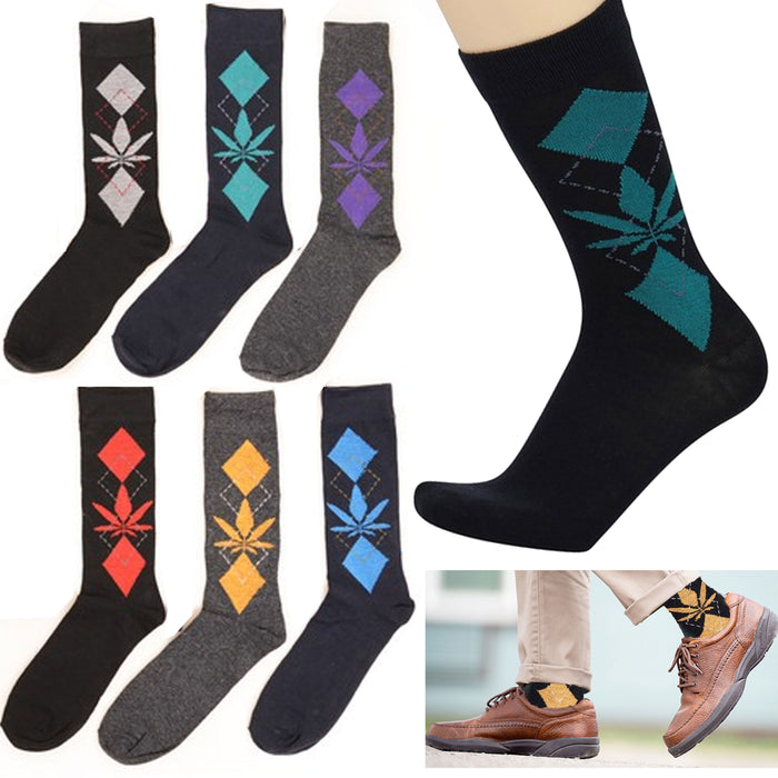 6 Pair Crew Socks Argyle Weed 420 Leaf Ganja Cotton Dress Casual Comfort 10-13