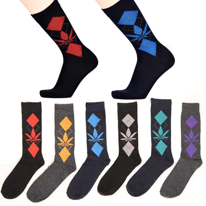 6 Pair Crew Socks Argyle Weed 420 Leaf Ganja Cotton Dress Casual Comfort 10-13