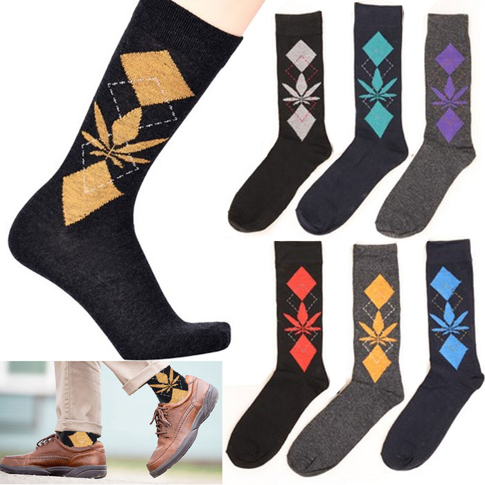 6 Pair Crew Socks Argyle Weed 420 Leaf Ganja Cotton Dress Casual Comfort 10-13