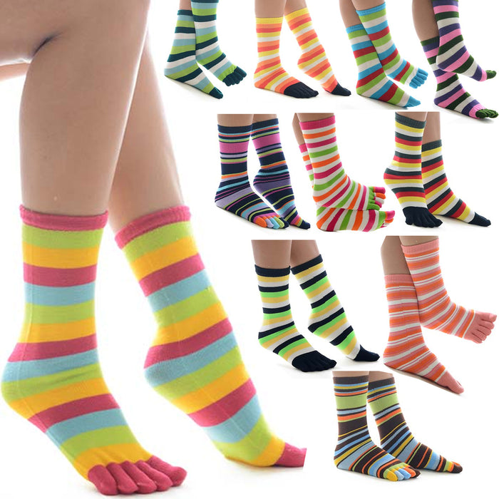 6 Pairs Bright Multicolor Striped Women's Toe Socks Crew Calf High Casual 9-11