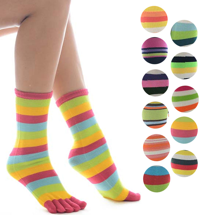 6 Pairs Bright Multicolor Striped Women's Toe Socks Crew Calf High Casual 9-11