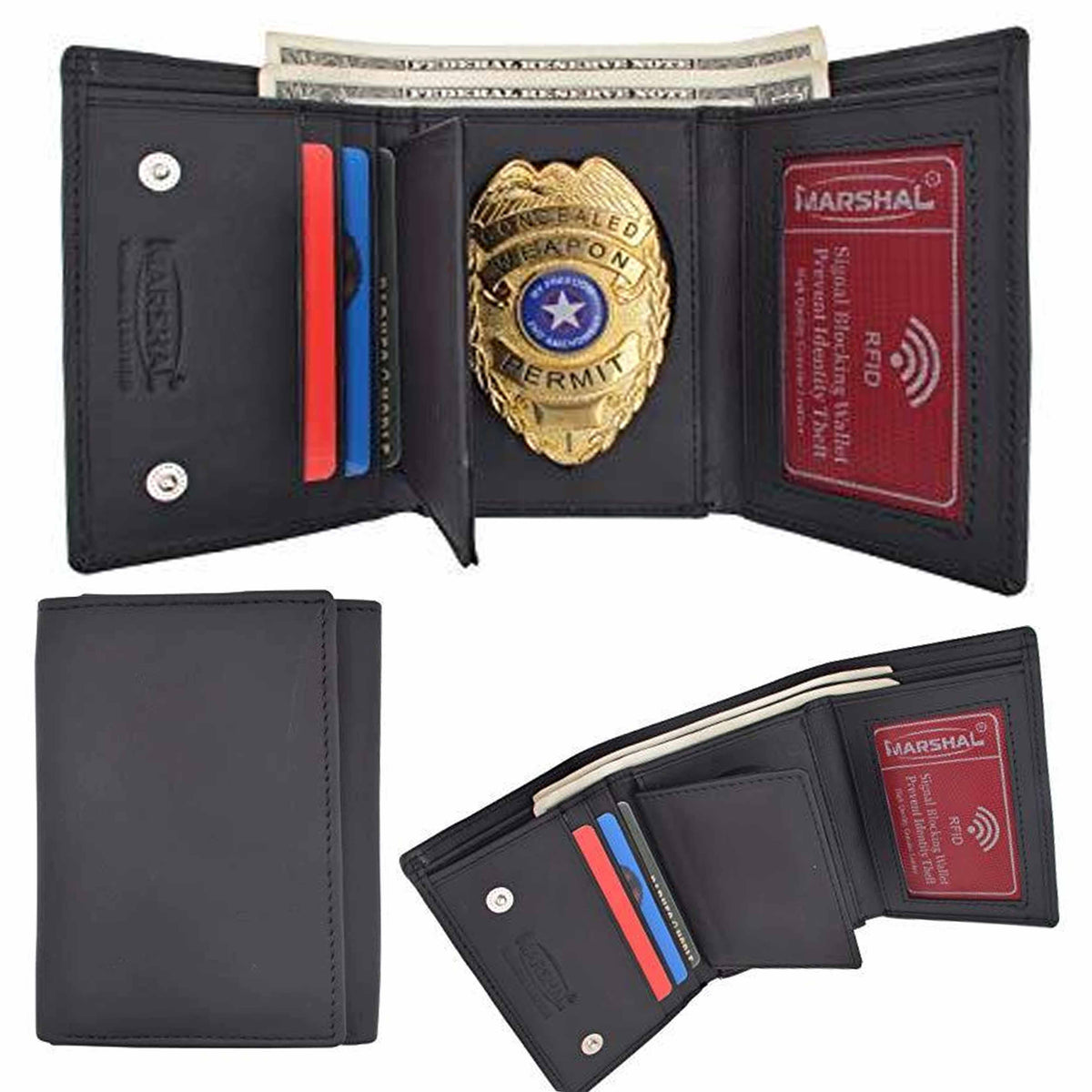 1 RFID Blocking Leather Wallet Badge Holder Sheriff Officer ID Police  Shield Blk