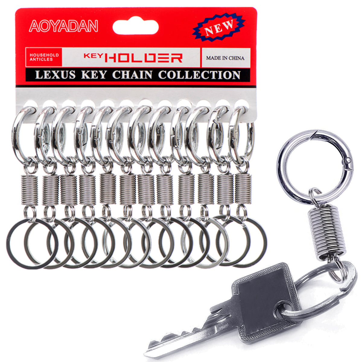 12 Pc Keychains Metal Spring Coil Key Ring Hook Carabiner Clips